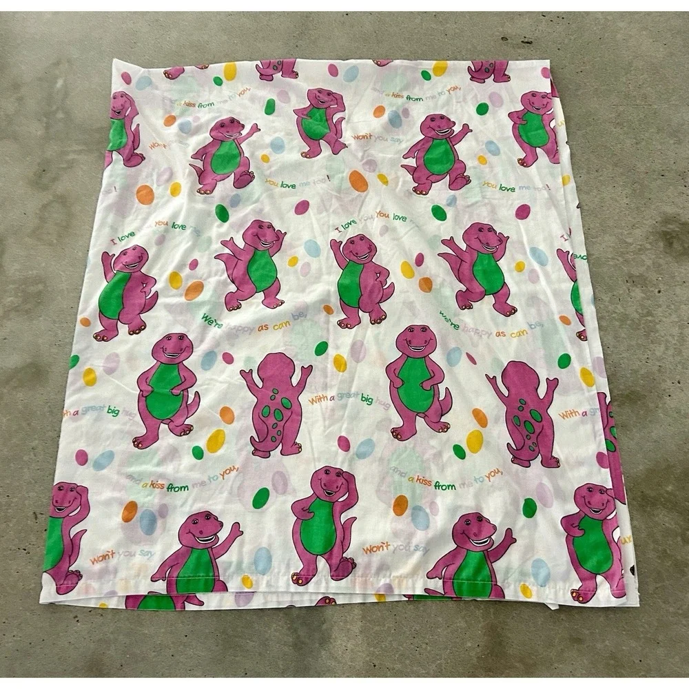 Vintage 90s Barney the Dinosaur Bed Flat Sheet I Love You Song Lyons Group Full